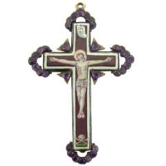 Antique Reliquary Georgian Cross in 18K Yellow Gold, Amethyst & Enamel