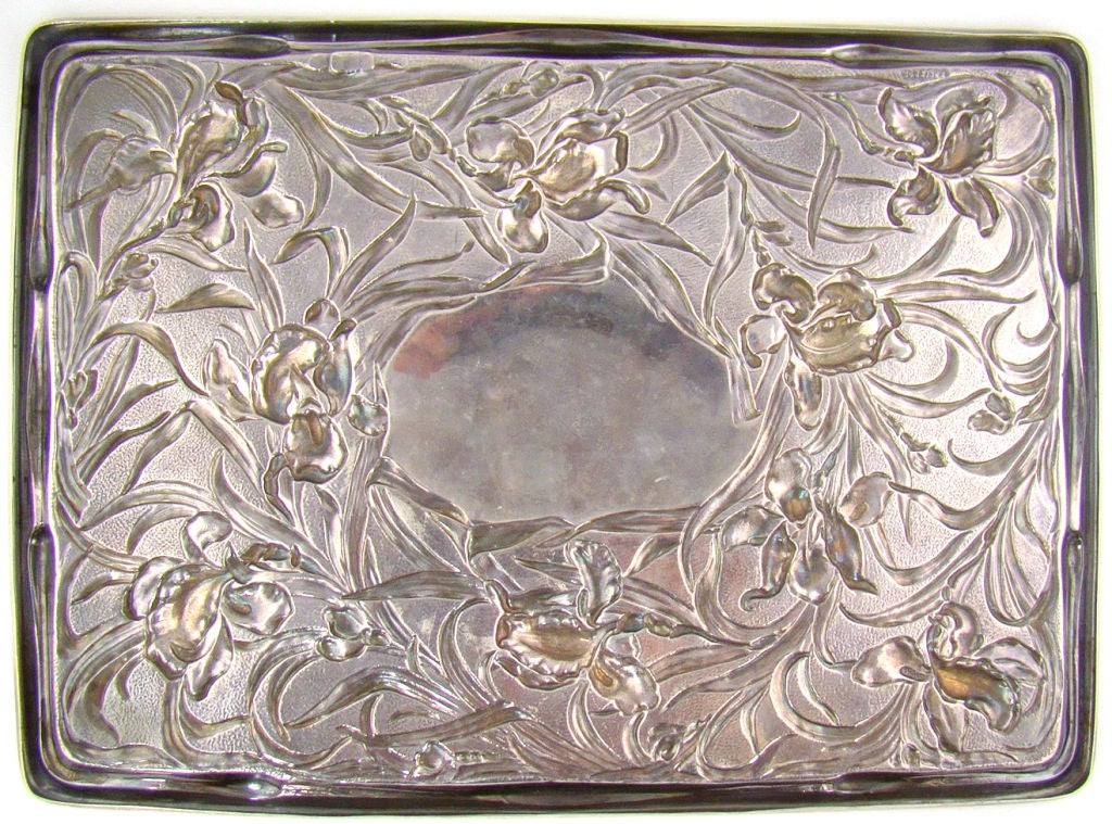 Unique Enamel English Sterling Silver Tray hallmarked 1901 - Rare enamel & sterling combination in silver tableware, One-of-a-kind sterling silver tray, Orchid Repoussé Motif, English Hallmarks from left to right...<br />
<br />
1) C & S Co.