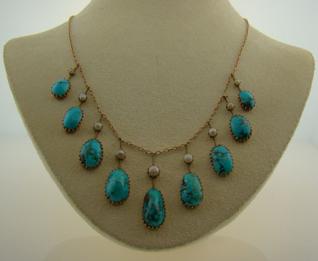 Women's Victorian Turquoise, Natural Pearls & 15K Yellow Gold Necklace