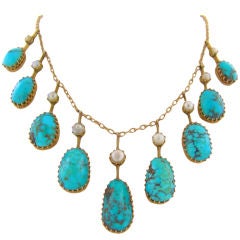 Victorian Turquoise, Natural Pearls & 15K Yellow Gold Necklace