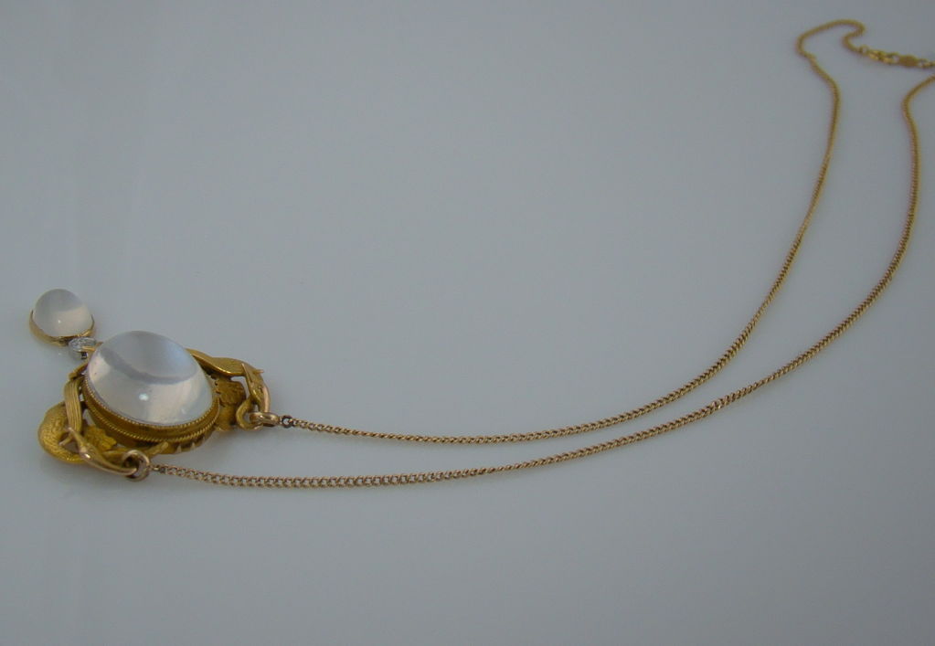 18K Yellow Gold, Moonstone & Diamond Fine Victorian Pendant Necklace - Handmade, Beautiful & big Moonstones with very good blue glow/flash, Demanding great expertise of one's craft to create a piece this fine