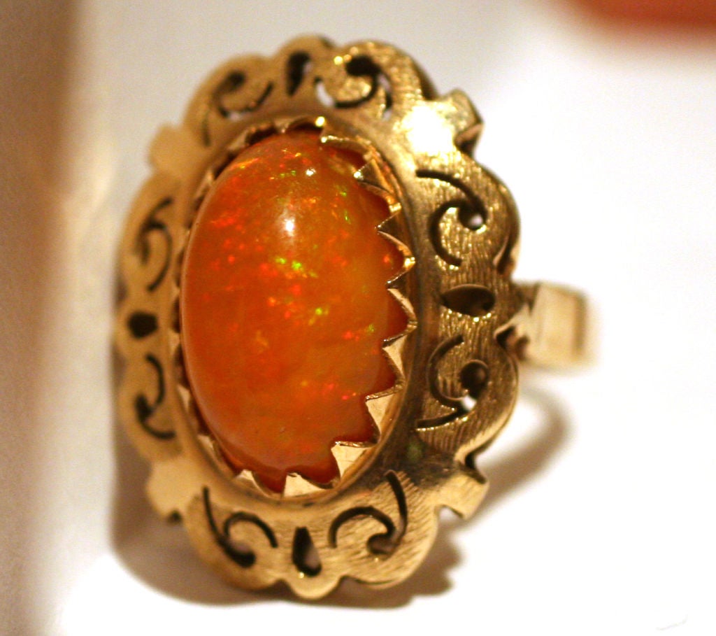18K Rose Gold & Cabochon Mexican Fire Opal Ring - Early 19th Century ring, Very lively & fine Cabochon Fire Opal exhibiting tremendous flashes, Hand pierced design, Ring face measures 1.1 inch tall by 0.8 inches wide