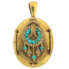 18K Yellow Gold, Turquoise, & Seed Pearl Victorian Locket