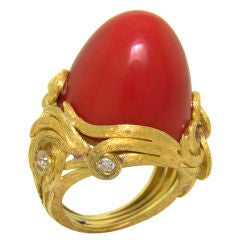 Red Coral, Diamond & 18K Yellow Gold Ring
