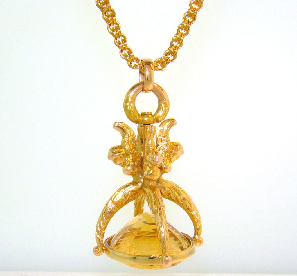 Antique 18K Yellow Gold Victorian & Citrine Seal/Pendant - Approximately 75.00 carat fine Citrine, Extremely detailed hand carved Madonna stamp, Extremely rare religious themed stamp with four angels and Madonna crest, Handmade 18K Yellow Gold