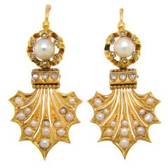 Antique 18k Yellow Gold, Pearl 
Diamond Victorian Earrings