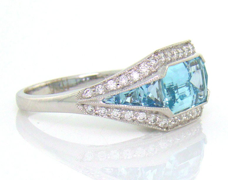 Unique 18K White Gold, Aquamarine & Diamond Ring