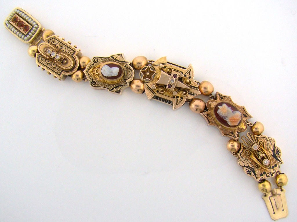 14K & 18K Yellow Gold Victorian Slide Bracelet - American Made, Awesome example of a Victorian Slide Bracelet, Chunky style, Three (3) fine citrine, Six (6) diamonds, measures 6.5 inches around inner diameter, circa 1880