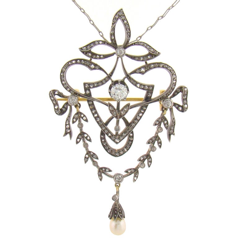 Edwardian Silver over 18K Yellow Gold, Diamond & Pearl Necklace