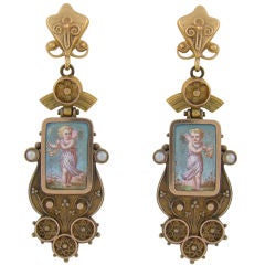 14K Yellow Gold, Cherub Hand-Painted Enamel & Pearl Earrings