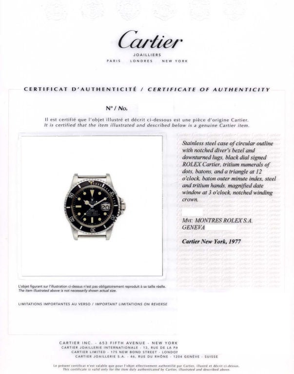 A true Submariner sold by Cartier with original Cartier archive papers with date of sale and picture in addition to red Cartier original box. The numbers are all correct and it is easy to authenticate this commonly imitated rare Cartier Rolex.
