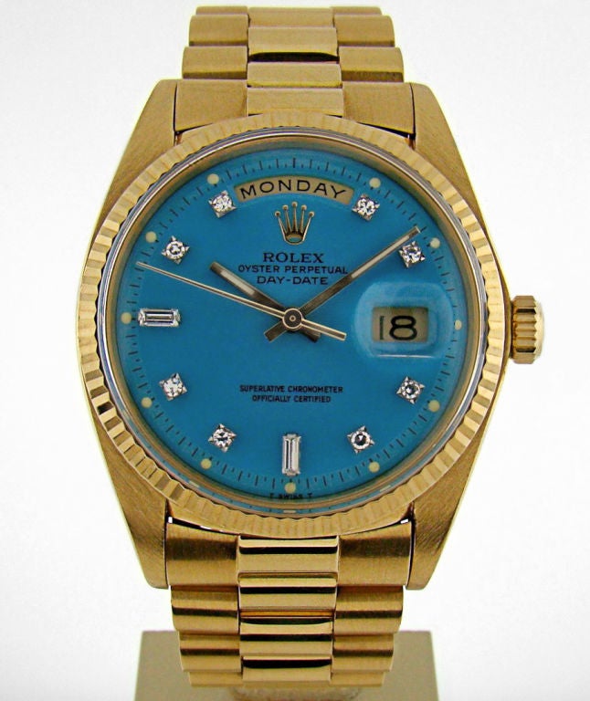 Extremely rare Stella Diamond dial, this one in Turquoise the most desirable of all colors. This is a lighter blue shade of lacquer Enamel. The dial condition is mint with antique patina day and date. The Case is also in excellent condition, this