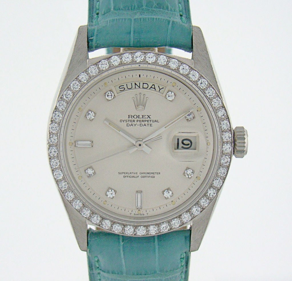 This is a rare ref. 1807 Platinum Day-Date made in the 1970's. It is absolutely beautiful. Whether it is the bright frame of white Diamonds or cold and clean feel of an all Platinum vintage watch, the colors blend together in a magnificent and
