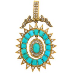 Antique Victorian Turquoise, Rose Cut Diamond & Pearl Pendant