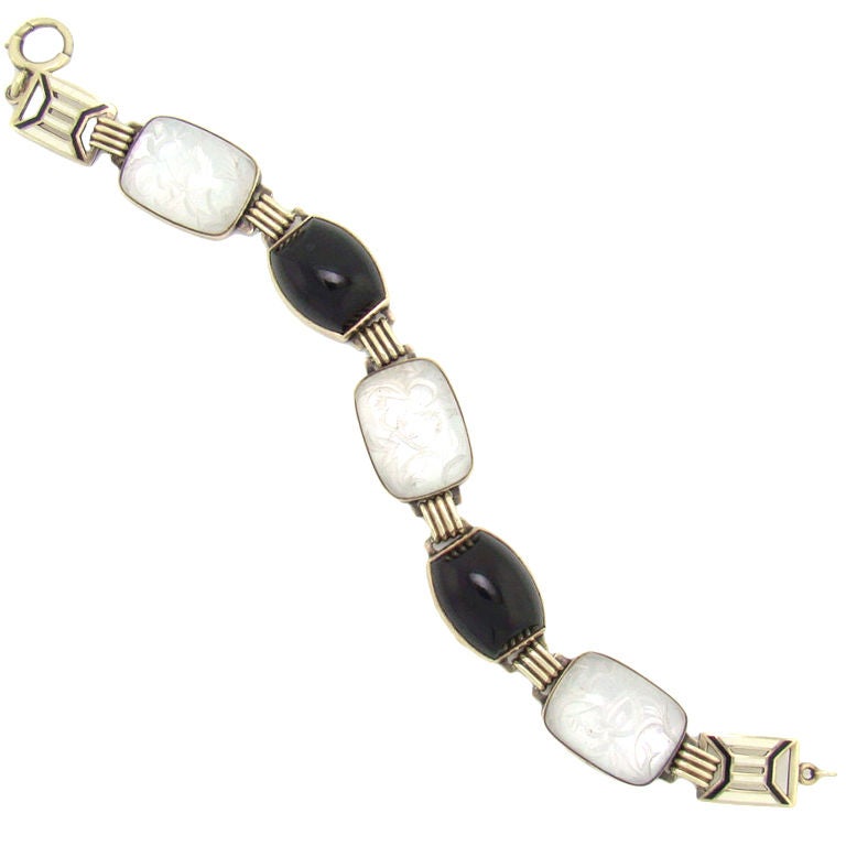 Reverse Carved Rock Crystal on Mother of Pearl & Onyx Bracelet
