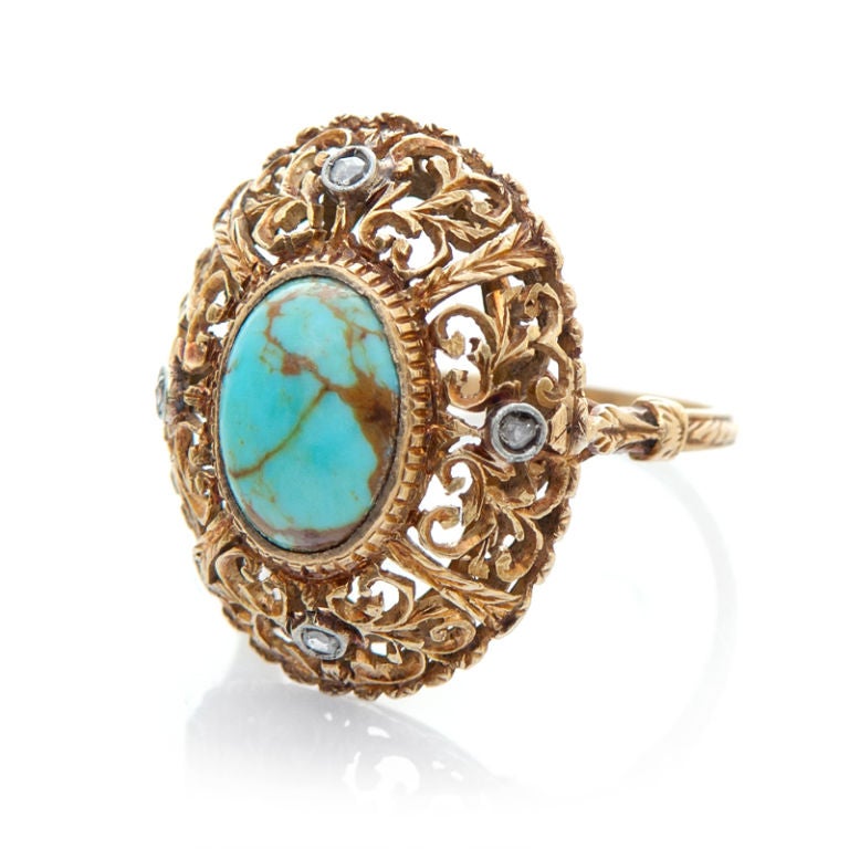 Edwardian Handmade Turquoise Gold Ring In Excellent Condition In Carmel-by-the-Sea, CA