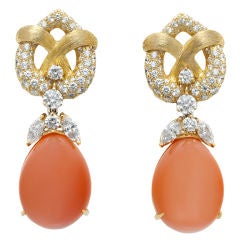 Natural Tangerine Moonstone & Diamond Earrings by Henry Dunay