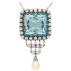 Antique Aquamarine, Diamond, Pearl & Enamel Art Deco Pendant/Brooch