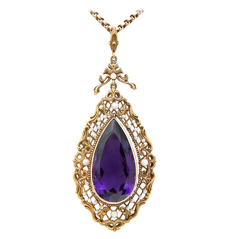 Victorian Large Amethyst Natural Pearl Gold Necklace For Sale at 1stdibs