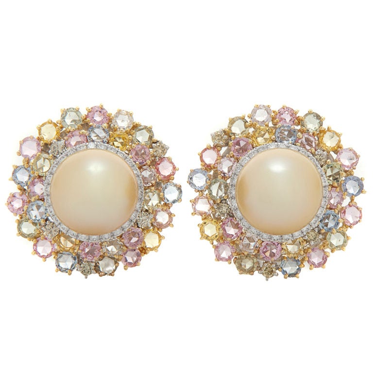 Pearl, Diamond and Multi -Colored Sapphire Earrings at 1stdibs