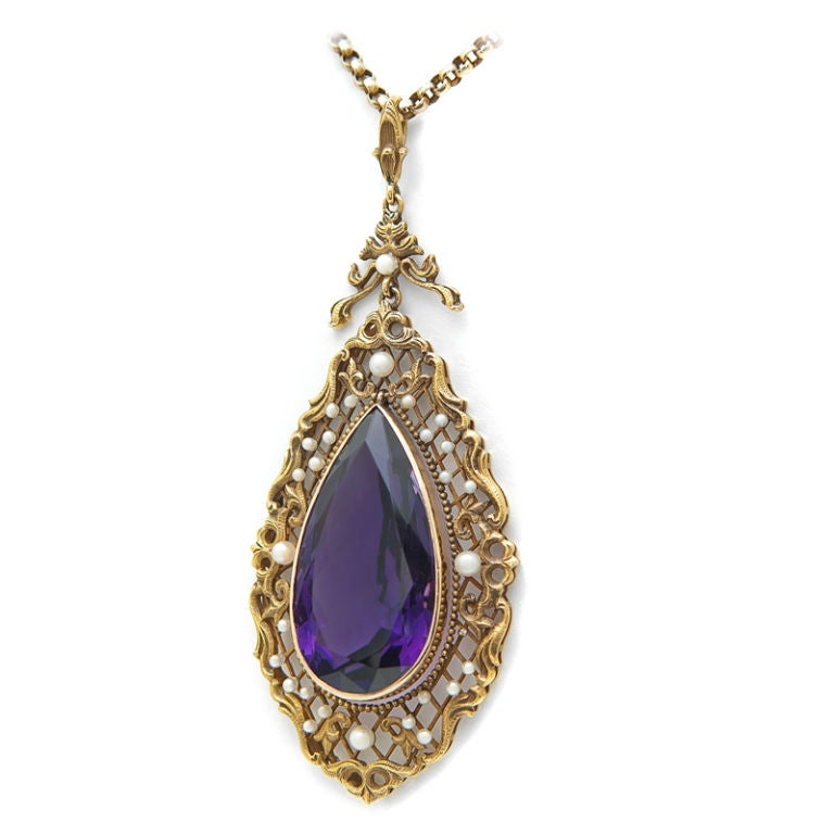 Victorian Large Amethyst Natural Pearl Gold Necklace In Good Condition For Sale In Carmel-by-the-Sea, CA
