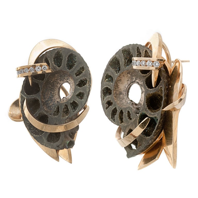 Sculptural 18K Gold and Diamond Ammonite Earrings