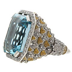 Aquamarine, Diamond & Enamel Handcrafted "Scaled" Ring