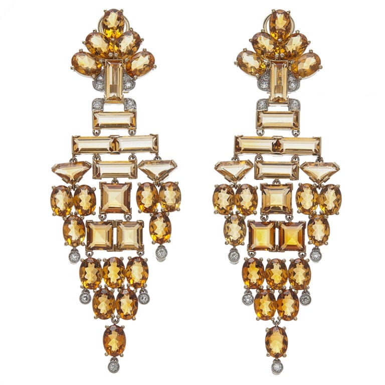 Stunning Citrine Diamond White and Yellow Gold Chandelier Earrings
