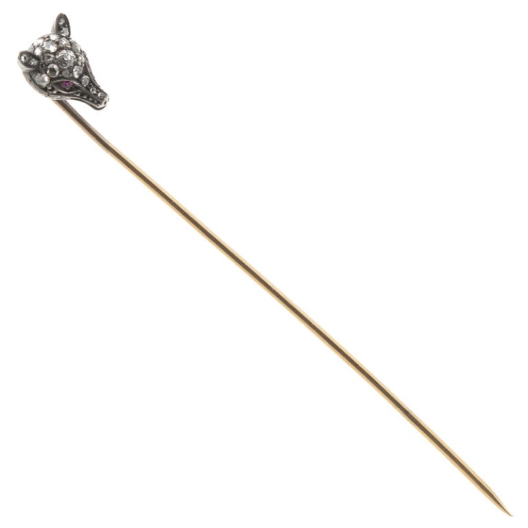 Victorian Stick Pin Fashioned Diamond & Ruby Fox