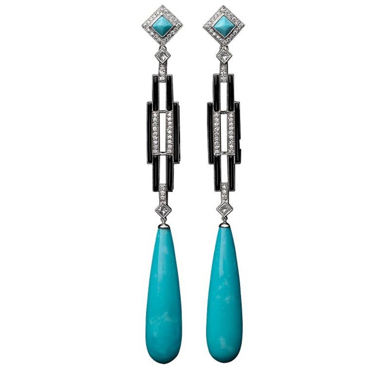 Tear Drop Turquoise Black Onyx Diamond Earrings