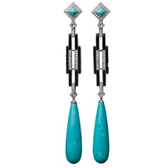 Tear Drop Turquoise Black Onyx Diamond Earrings