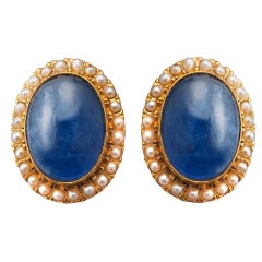Cabochon Blue Sapphire and Seed Pearls Earrings