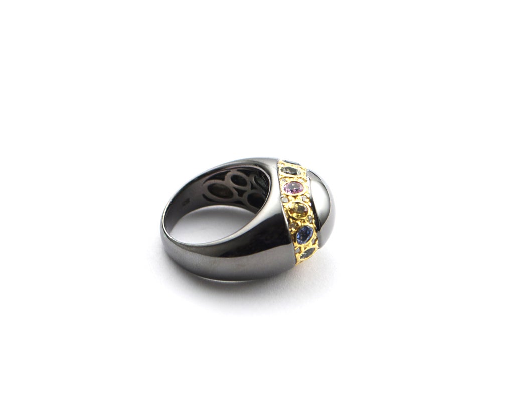 Multi Color Stones and Diamond Black Patinated White Gold Ring