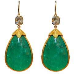 Pear Shaped Emerald Old Mine Cut Drop Earrings