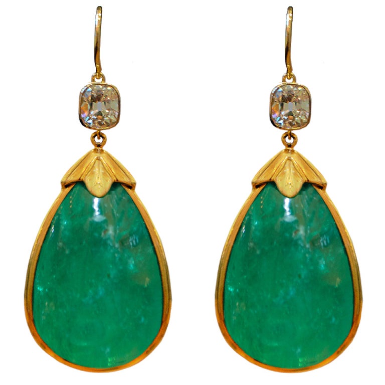 Pear Shaped Emerald Old Mine Cut Drop Earrings For Sale