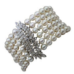 French Six Strand Pearl Diamond & Platinum Bracelet