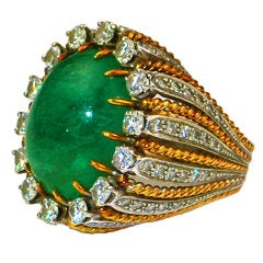 1950's Two Tone Columbian Cabochon Emerald & Diamond Ring