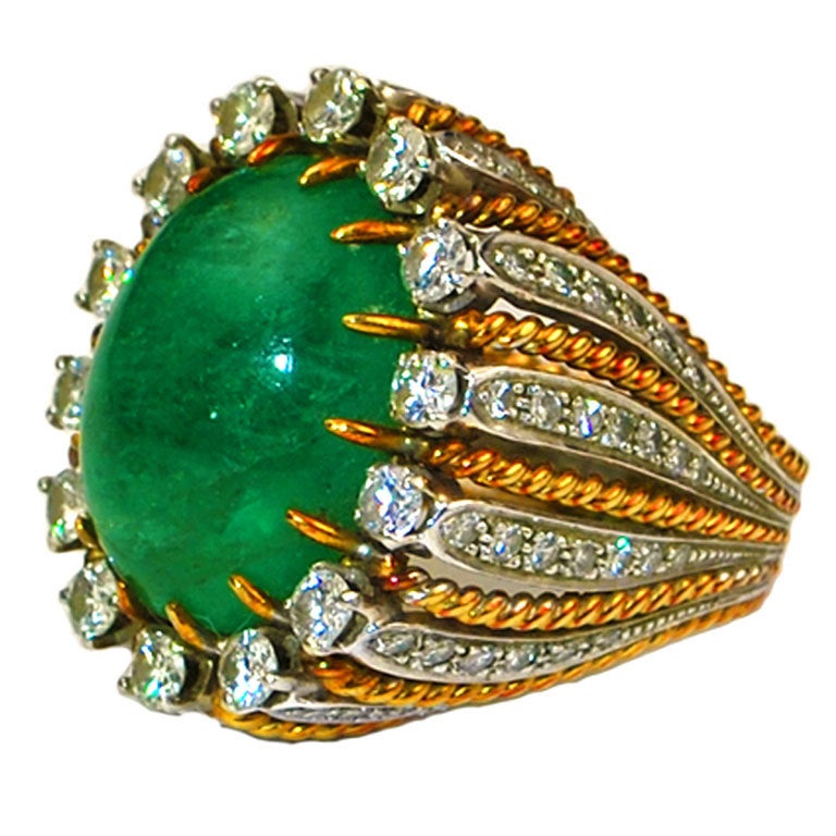 1950's Two Tone Columbian Cabochon Emerald & Diamond Ring For Sale