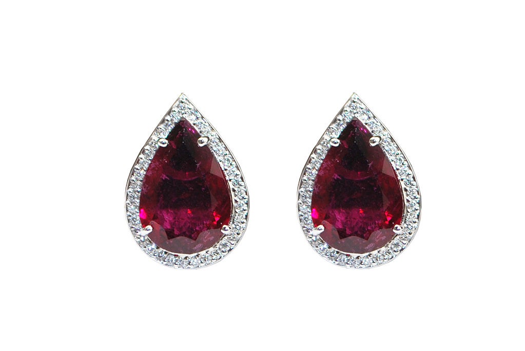 Pear Shaped Rubellite Pave Diamond Earrings For Sale