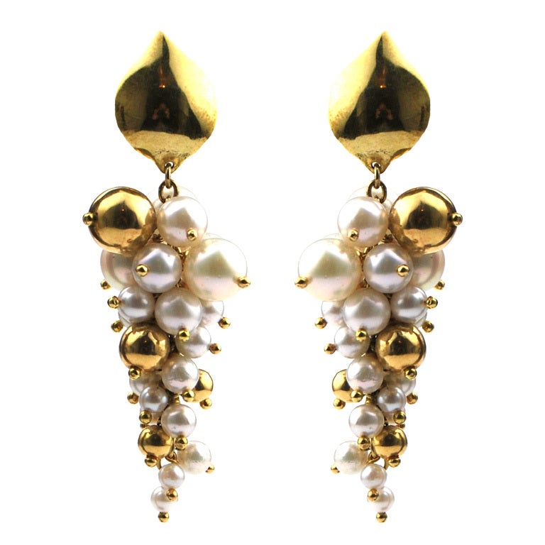 Gold and Pearl Italian Bead Clipon Earrings at 1stdibs