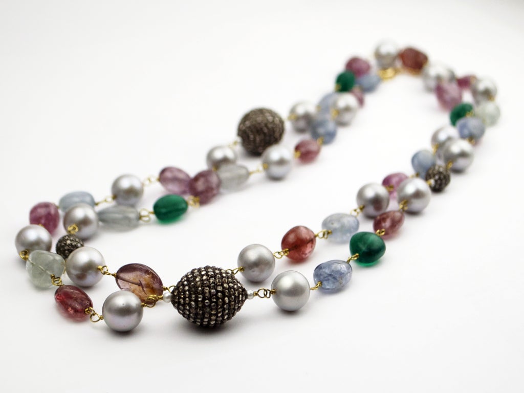 Sapphire, Spinel, Emerald, Pearl, & Diamond Bead Necklace