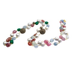 Sapphire, Spinel, Emerald, Pearl, 
Diamond Bead Necklace