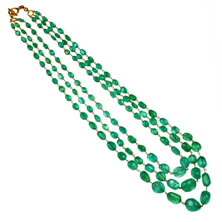Remarkable Colombian Emerald Bead Three-Strand Necklace For Sale