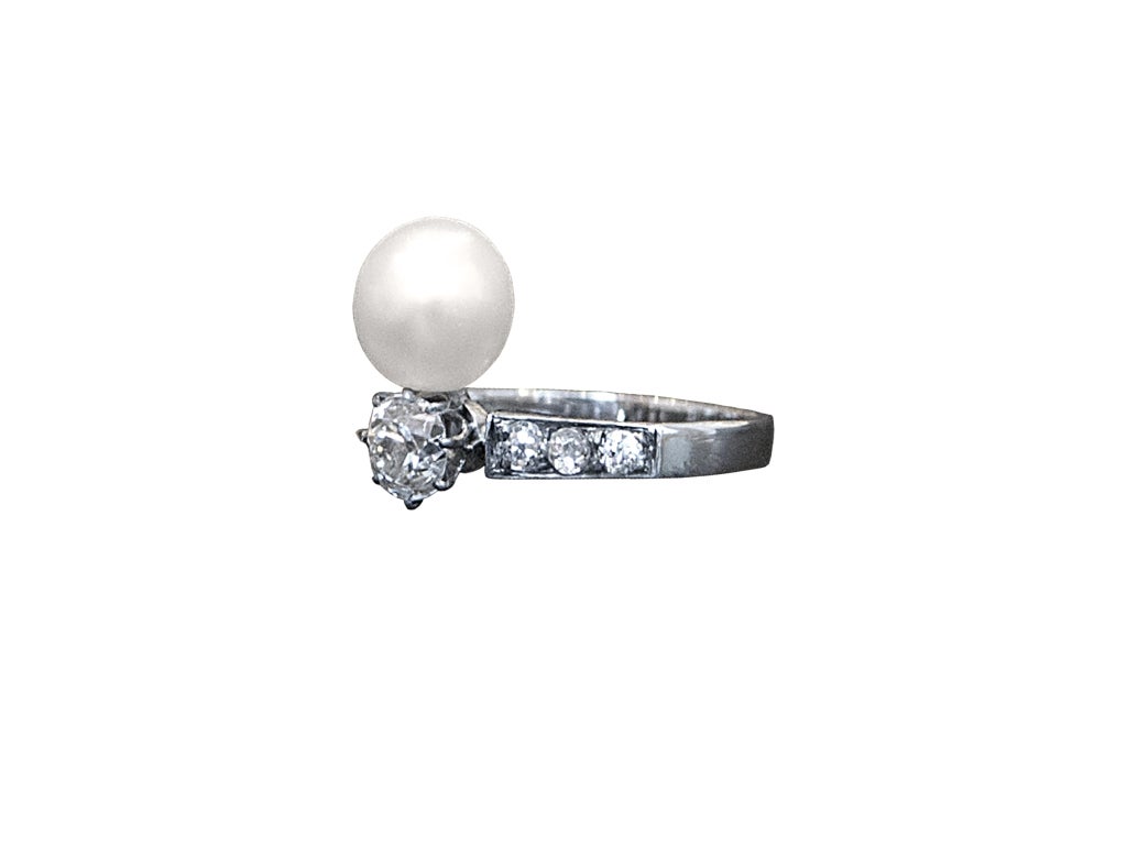 Art Deco Old Mine Cut Diamond and Natural Pearl Ring