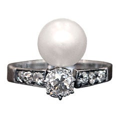 Antique Art Deco Old Mine Cut Diamond and Natural Pearl Ring