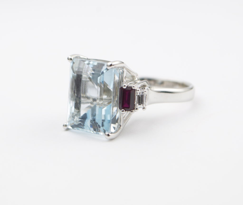 Women's Art Deco Aquamarine Ruby Diamond Ring For Sale