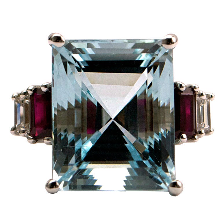 Art Deco Aquamarine Ruby Diamond Ring For Sale