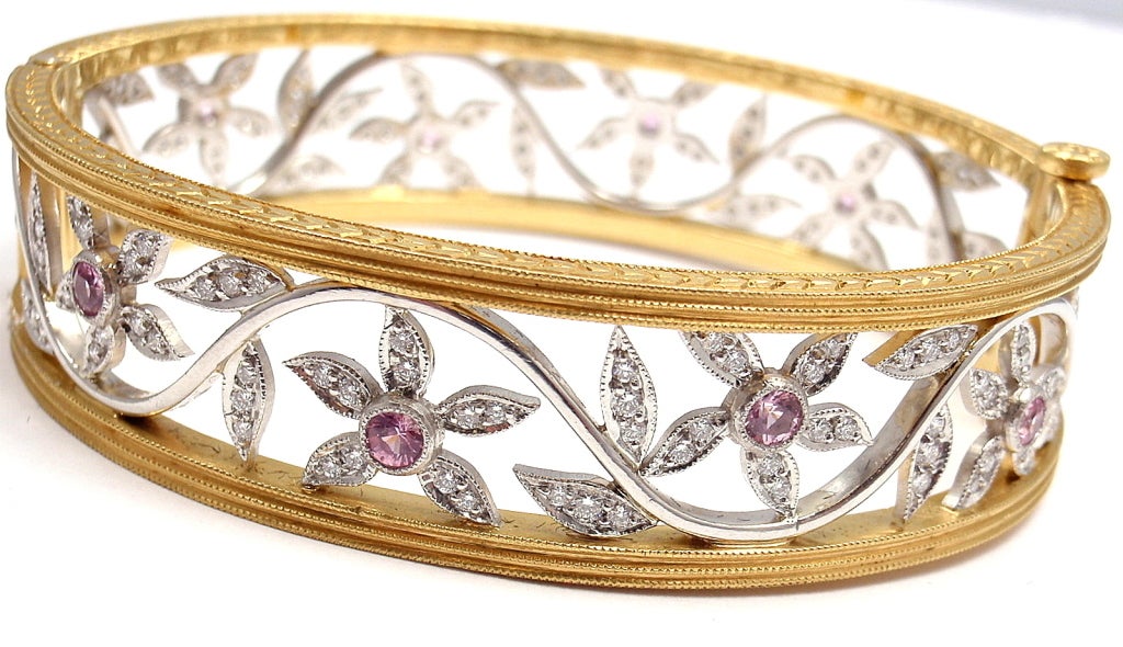 **This bracelet is currently retired and unavailable to purchase directly through Cathy Waterman** 

22k Yellow Gold & Platinum Diamond Pink Sapphire Bracelet Bangle by Cathy Waterman. With 152 round brilliant cut diamonds. Total diamond weight: