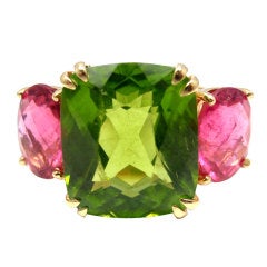 SEAMAN SCHEPPS Peridot Hot Pink Tourmaline Three Stone Gold Ring