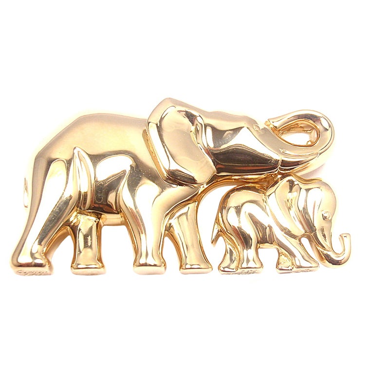 CARTIER Elephant Mother and Child Brooch Pin in Yellow Gold